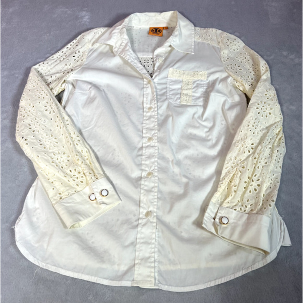 Tory Burch Blouse Womens Size 8 Off White Cream Top Eyelet Button Down Cuff Link